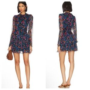 Saloni Ava B Silk Long Sleeve Tiered Mini Dress in Floral Midnight Womens 4